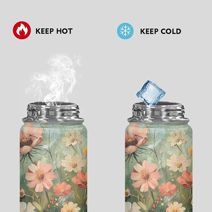 Floral Print Insulated Water Bottle for Women Stainless Steel Sports Water Flask Cup Portable Handle Hot and Cold Water Bottle, 18 Oz