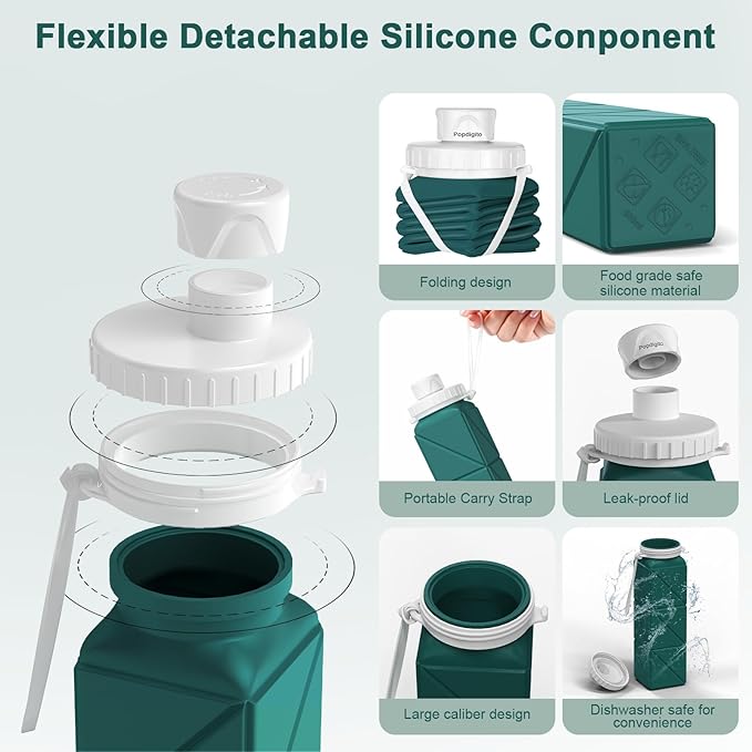 Collapsible Water Bottles Portable,BPA Free Food-Grade Silicone Reusable water Bottle For Outdoor Travel Hiking Sports,Compact,Lightweight Easy To Carry,Leakproof Water Bottles,Dark Green
