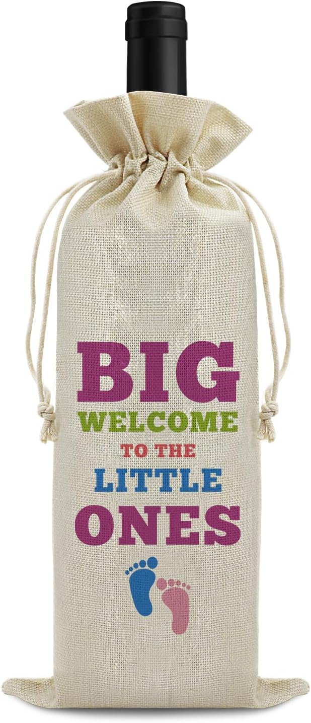 Baby Announcement Gift Welcome Baby Wine Bag for Friends Sister New Baby Birth Gift Baby Girl Baby Boy Gift Drawstring Wine Wrapping Bag Baby Shower Party Decors Reusable Burlap Wine Gift Bag