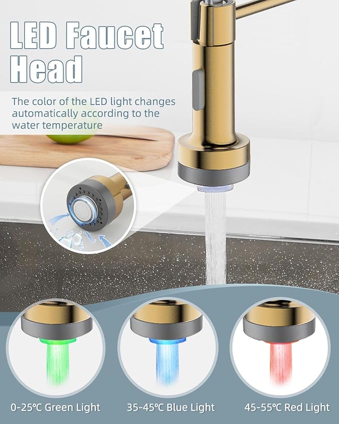 LED Kitchen Faucet, Brushed Gold Kitchen Faucet with Soap Dispenser and Deck Plate, Faucet for Camper Farmhouse RV Kitchen Sink, Single Handle Kitchen Sink Faucets with Pull Down Sprayer