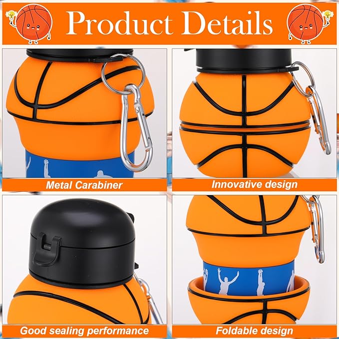Layhit 8 Pcs Collapsible Basketball Water Bottle 18oz Basketball Cups Gifts for Kids Silicone Portable Leakproof Folding Water Bottle with Hook for Sports School Travel