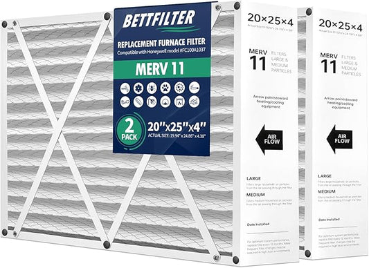 20x25x4 AC Furnace Air Filter Compatible with Honeywell FC100A1037, MERV 11 HAVC Filter Replacement, Actual Size:19.94"x24.86"x4.38", Pack of 2