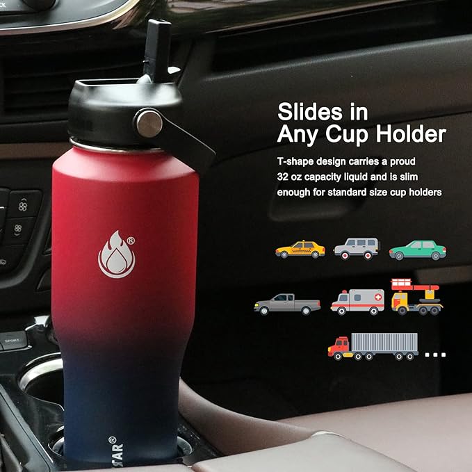 SENDESTAR Water Bottle 32oz,2 Lids(Straw lid),Wide Mouth Stainless Steel Vacuum Insulated Double Wall Keep Liquids Cold or Hot All Day,Sweat Proof Sport Design,Fit Car Cup Holder(Red&Blue)