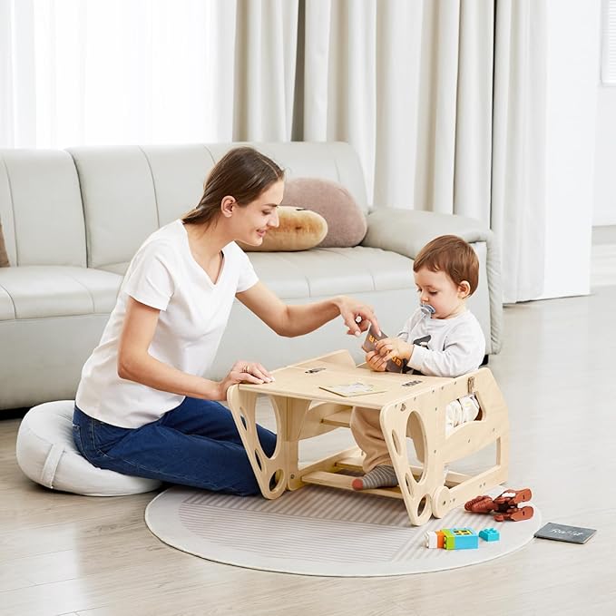 Toddler Step Stool, 2 in 1 Wooden Step Stool for Toddler, Adjustable Toddler Step Stool with Handles and Wheels, Convertible Kids Table and Stool Set