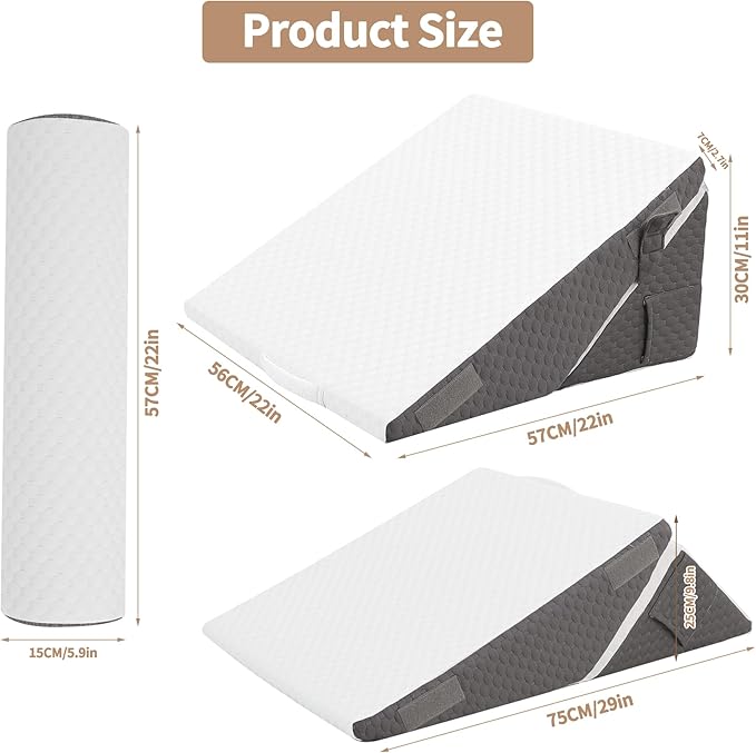Wedge Pillow for Sleeping, 3PCS Bed Pillow for Side Sleeping, L29 x H22 Body Pillow with Memory Foam, Dark Grey