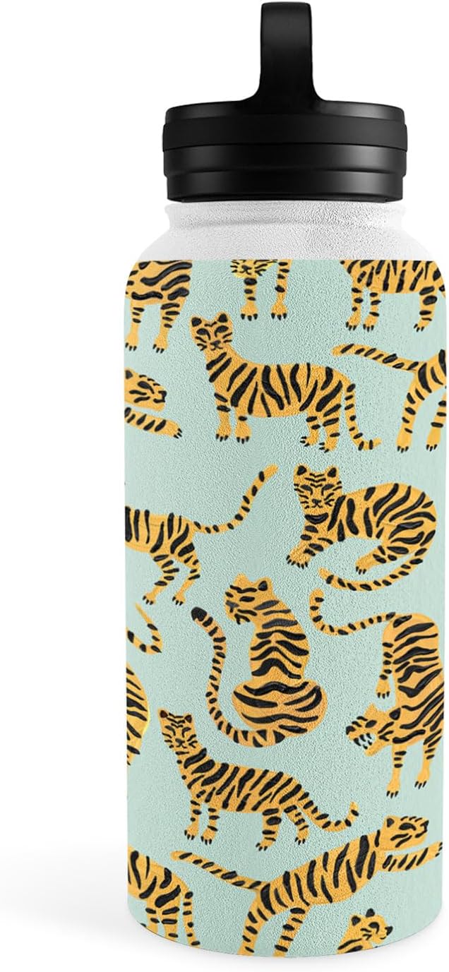 Deny Designs Water Bottle, Handle Lid 32 oz, Cat Coquillette Tiger Collection Mint Orange