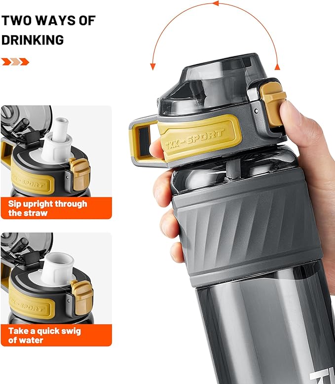 TKK 20oz Sports Water Bottles with Removable Straw Durable BPA Free Tritan Bottles Leak-Proof Water Bottles for School, Fitness, Gym, Outdoor, Grey