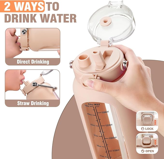 kytffu 64 oz Glass Water Bottle with Straw and Stainless Steel Handle, Half Gallon Water Bottle with Silicone Sleeve and Time Marker, 2L Large Glass Bottle for Gym, School, Travel, Leak-proof (Amber)