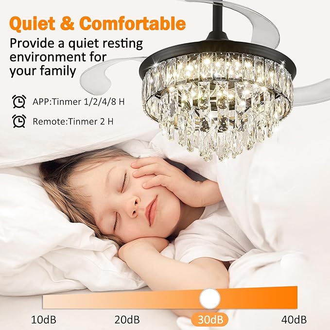 LEONTYNE 36" Modern Crystal Ceiling Fan with Lights and Remote Invisible Retractable LED Dimmable Chandelier Fan 3 Blades 6 Speeds Fandelier for Bedroom Living Room Dining Room (Black)