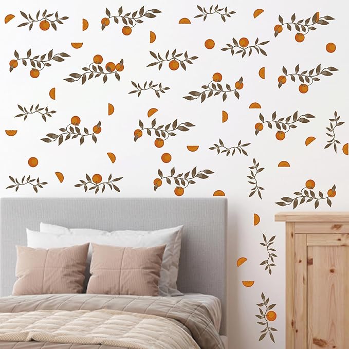 Orange Leaf Wall Stickers Boho Fruit Leaf Wall Stickers Removable Botanical Vintage Fruit Wall Decals Citrus Green Leaves Orange Wall Stickers for Nursery Kids Room Bedroom Kitchen Decor