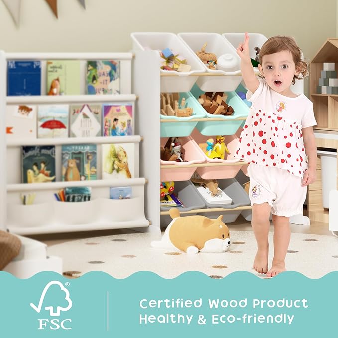 Kids Toy Storage Organizer - Toy Organizer with Kids Bookshelf, Toy Storage with 12 Toy Multi-color Bins and 4 Book Shelves, Toy Organizers and Storage for Playroom, Nursery, Kids Room, White