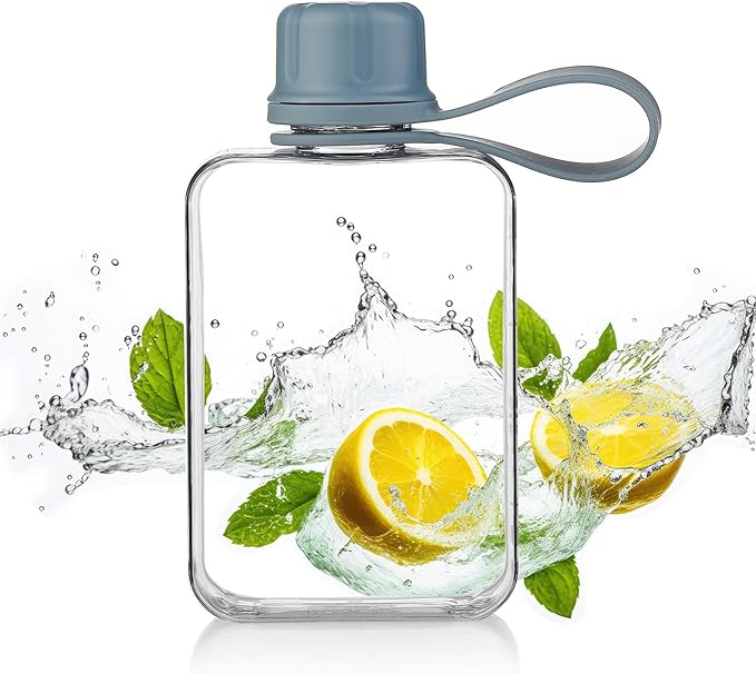Tritan Transparent Flat Water Bottle samll Water Bottle Slim Square Pocket Bottle Water Flask, BPA Free/Slim Design/Leak Proof Water Bottle for Travel, Outdoor, Sports (Light Blue, 240ML)