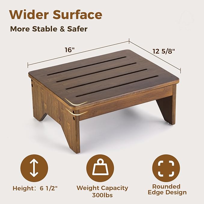 StrongTek Bamboo Step Stool for Adults, Bedside Step for High Beds, 300 Lbs Capacity, Non-Slip Bed Foot Stool with Rounded Edges, Small One Step Stool for Bathroom, Bedroom, Garden, Kitchen (Brown)