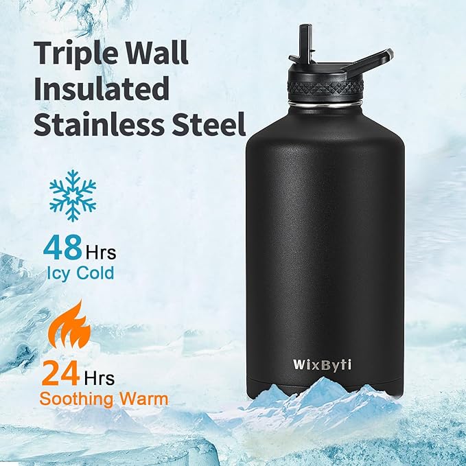One Gallon Water Bottle Insulated, Triple Wall Vacuum Cold for 48 Hrs & Leak-proof & Non-BPA, 128oz Large Sports Stainless Steel Water Jug with Paracord Handle Straw Spout Lids & DIY Stickers
