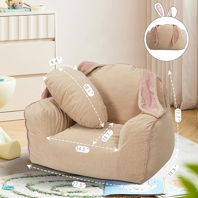 Bunny Kids Sofa Toddler Chair,Toddler Bean Bag Chair with Carrot-Shaped Throw Pillow,Soft Corduroy Cover Comfy Toddler Chair for Reading and Napping, for Boys and Girls,Beige Bunny