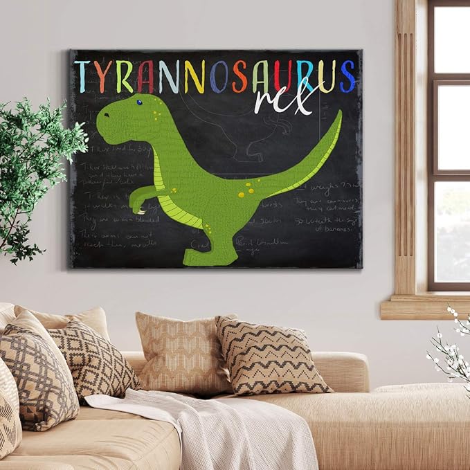 Renditions Gallery Canvas Animal Wall Art Modern Decorations Paintings Green Tyrannosaurus Rex Vibrant Dinosaur Canvas Wall Hanging Artwork for Kids Bedroom Nursery - 32"x48" LT33