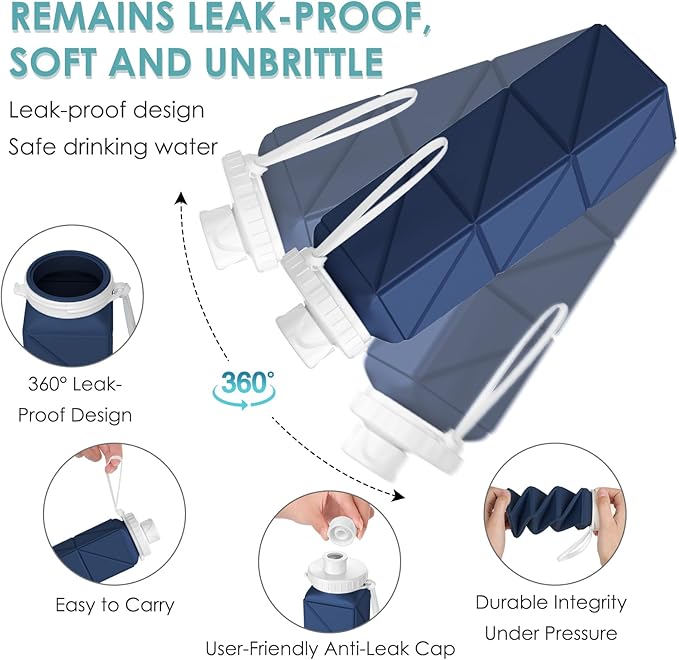 Collapsible Water Bottles,BPA-Free Leak-Proof Silicone Foldable Water Bottle Cup 20.6oz,Durable Lightweight Bottle for Gym Travel Camping Hiking Running (Navy Blue)