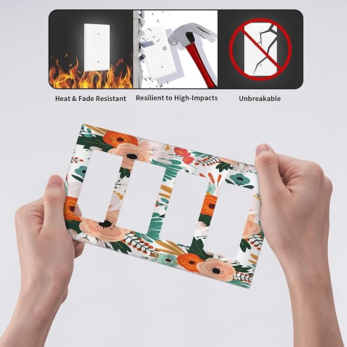 Rustic Floral Boho Colorful Flower 4 Gang Rocker Decora Light Switch Cover Outlet Covers Wall Plate Decorative Switchplate Electrical Faceplate GFCI for Farmhouse Bathroom Bedroom Kitchen Decor