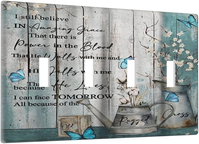 Vintage Teal Butterfly Inspirational Quotes Wood Plank Quad Toggle Light Switch Covers 4 Gang Wall Plate Decorative Switchplate Electrical Faceplate for Farmhouse Country Bedroom Kitchen Decor