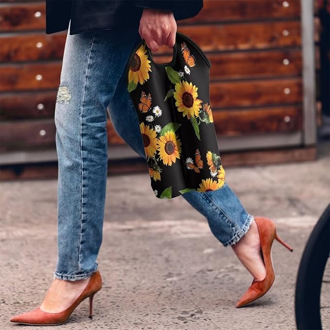 doginthehole Sunflower Butterfly Wine Bottle Carrier Reusable Wine Gift Tote Bags 2 Bottle Wine Bag for Birthday Party Wine Carry Holder Neoprene Champagne Bottle Protective Bag