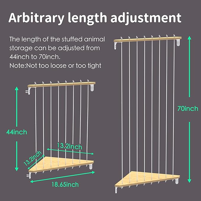 Stuffed Animal Storage Wood Corner Plush Toys Holder, 2-in-1 Splice and Length Adjustable Hanging Stuffed Animal Toy Organizer Shelf for Nursery Kid Room Play Room Bedroom (2PCS)