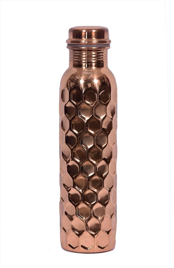 Copper Bottle For Drinking Water 33 Oz Ayurvedic Leak Proof lid Diamond Design Durable Lightweight Hand Washable Vessel Clean Cool Water Natural Minerals Boost Energy Safe Water Utensil