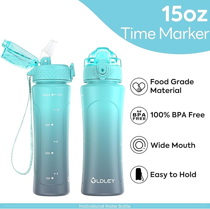 OLDLEY Kids Water Bottle for School with Straw Chug Lid, 15 oz Unbreakable Leak-Proof BPA-Free Motivational Water Bottles with Time Marker for Travel Sports Gym,Blue Grey