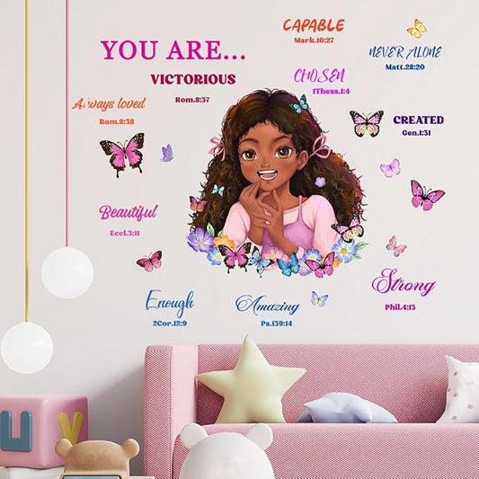 Lovely Little Girl Butterfly Wall Decals Inspirational Quotes Wall Decals Positive Words Motivational Lettering African American Wall Stickers for Baby Toddler Room Decorations Nursery Playroom