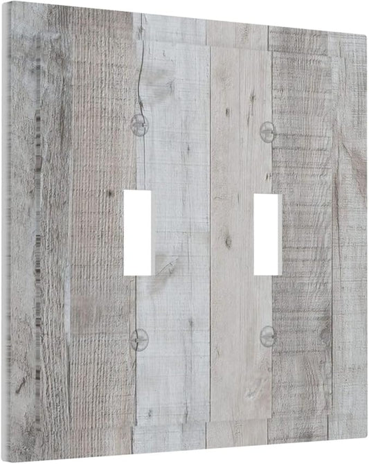 Rustic Grey Wood Shiplap Double Toggle Light Switch Cover Decorative Vintage Country 2 Gang Wall Plate Electrical Faceplate Switchplate for Farmhouse Bathroom Bedroom Livingroom Kitchen Decor