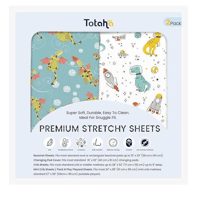 TotAha Premium Stretchy Dinosaur Crib Sheets (2-Pack)-Hypoallergenic, Silky Comfort, Buttery Soft, Calming Effect, All-Season Jersey-Knit Sheets, 9'' Extra Deep Pocket, Space Dino