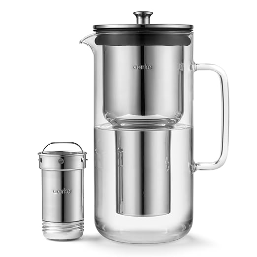 aarke Purifier Glass Water Pitcher, Refillable Stainless Steel Filter, 8-Weeks Performance, BPA-Free, Dishwasher Safe, Pure & Enriched Refill Granules, 1.18L (5 Cups) Capacity