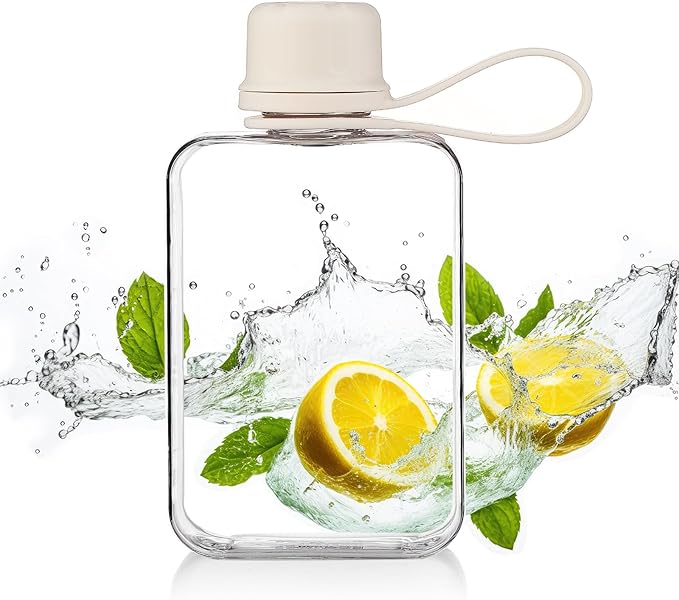 Tritan Transparent Flat Water Bottle samll Water Bottle Slim Square Pocket Bottle Water Flask, BPA Free/Slim Design/Leak Proof Water Bottle for Travel, Outdoor, Sports, Camping (White, 240ML)