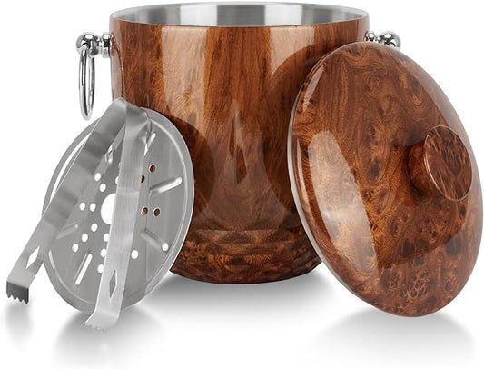Ice Bucket with Lid, 3L Diamond Bottom Design Double Wall Stainless Steel Insulated Ice Bucket, Champagne Bucket, Wine Bucket for parties, cocktail bar, Teakwood