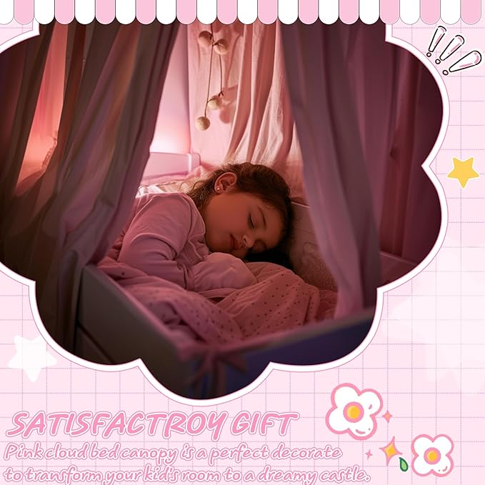 Hvqic Pink Canopy Bed Curtains - 4 Corner Post Bed Curtains Lightproof Princess Bed Canopy for Girls Rainbow Canopy Bed Curtains for Kids Room Decor(Queen,Pink-Cloud)