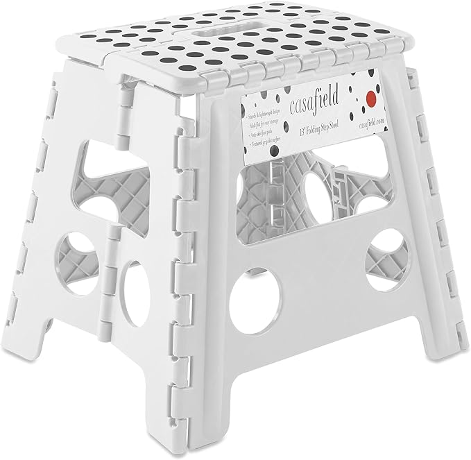 Casafield 13" Folding Step Stool with Handle, White - Portable Collapsible Small Plastic Foot Stool for Adults - Use in The Kitchen, Bathroom and Bedroom