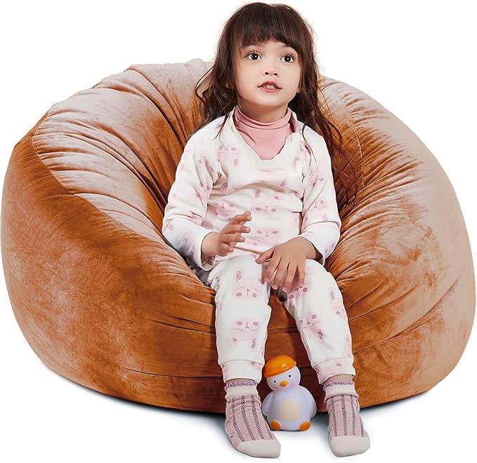 Bean Bag Chair Cover, Stuffed Animal Storage, Plush Toys Organizer Holder, Beanbag Chairs Cover for Kids Teans and Adults Super Soft and Comfortable Fabric X-Large with Handle and Zipper - Round Brown