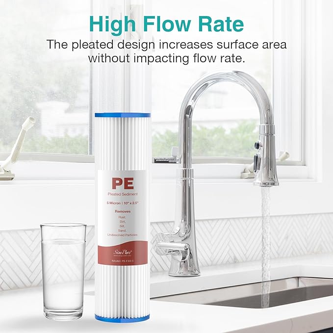 SimPure 10"x2.5" Pleated Polyester Sediment Water Filter Replacement Cartridge 5 Micron Whole House Pre-Filter Compatible with W50PE, WFPFC3002, SPC-25-1050, FM-50-975 - 4 Pack