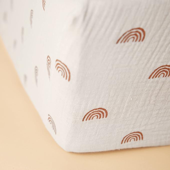 Chippi & Co Little Rainbow Tan Boho Muslin Cotton Fitted Crib Sheet for Baby Standard Size Mattress, boy and girl Unisex Nursery Bedding 52x28x9''