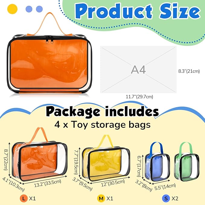 4 Pcs Toy Storage Bags PVC Travel Organizer Case Clear Reusable Toy Carrying Case with Portable Handheld for Building Blocks Car Toy Dolls Crafts Board Games Clay Puzzles Books Storage