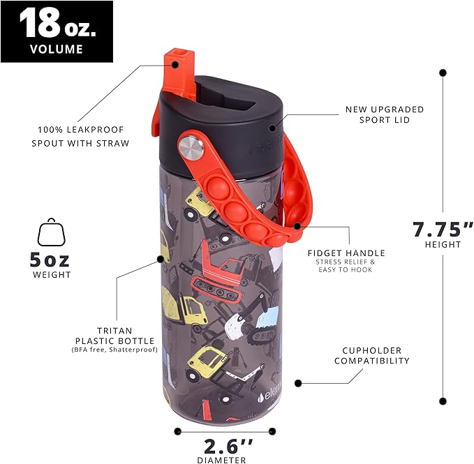 Elemental Leak Proof Water Bottles for Kids - Splash Kids Water Bottle for School with Fun Fidget Pop-it Handle - BPA Free Tritan Plastic Reusable Water Bottle with Straw - Construction - 18oz