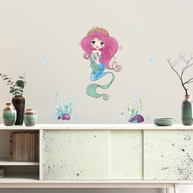 Mermaid Wall Decal for Girls Room, Princess Room Decor, Under The Sea Decorations, Ariel Little Mermaid Stickers, Vinyl Kids Wall Murals Peel and Stick for Bedroom Bathroom Nursery Living Room