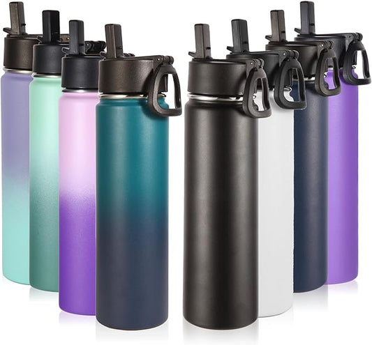 Volhoply 24oz Insulated Water Bottle With Straw Bulk 8 Pack,Metal Wide Mouth Water Bottles With Handle Keep Cold,Reusable Double Wall Thermos,Powder Coated Sport Bottle For Holder(Eight Color,8 count)