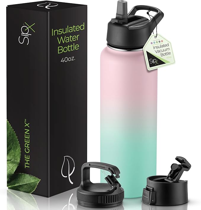 SipX™ Triple-Insulated Stainless Steel Water Bottle 40oz. With 3 Lids, BPA-Free Reusable Insulated Water Bottle Keeps Cold 24 Hours, Metal Water Bottle Made Of Sustainable Material For Hiking & Biking
