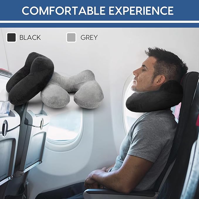 Inflatable Travel Pillow for Airplane Inflatable Neck Pillow for Traveling with Soft Velvet Washable Cover for Sleeping, Airplane,Train, Car, Office, Contoured Eye Masks, Earplugs