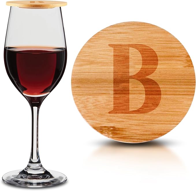 Personalized Wine Glass Charcuterie Topper - Custom Laser Engraved Initial Bamboo Wine Glass Topper Stopper Coasters Plate ID Identification Wine Glass Charcuterie Board Topper (Letter B)