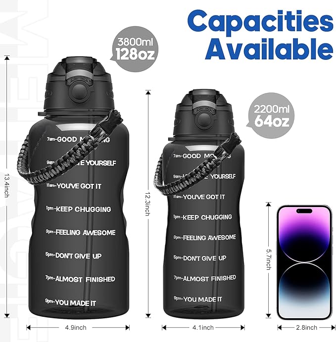 Water Bottles 1 / Half Gallon with Time Marker and Straw, Large Fitness Sports Motivational Bottle, Wide Mouth Leakproof and BPA Free for Travel, Gym,office,school