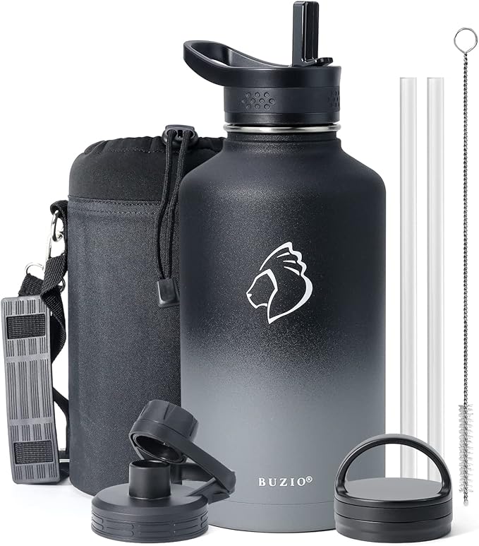 BUZIO Water Bottle with Straw lid, Spout Lid, Hand Lid and Carrying Pouch, 32oz 40oz 64oz Stainless Steel Water Flask Jug, Cold for 48 Hrs Hot for 24 Hrs Double Vacuum Thermo Canteen Mug, BPA-Free