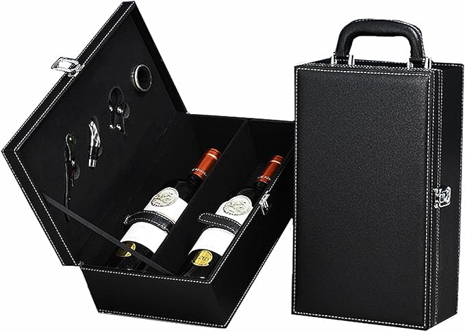 TANG SONG Leather Double Bottle Wine Gift Box with 4 Wine Accessories Wine Bottle Storage whit Locking Latch (Black)