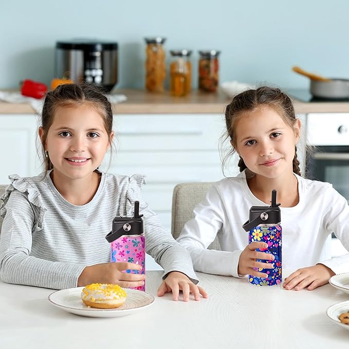 Kids Insulated Water Bottle, 2 Pack 12oz Flower Water Bottles Bulk with Flip Straw & Big Handle, 18/8 Stainless Steel, Gifts for Kids Girls to School Travel Sports, Hands Wash Only, Pink & Blue