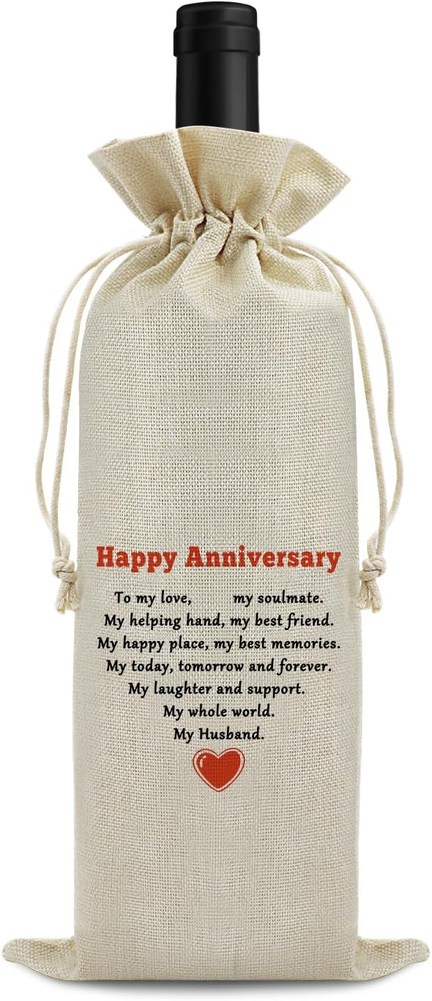 Happy Anniversary Wine Bags Friendship Anniversary for Couples Men Friends Drawstring Wine Wrapping Bag Anniversary Party Decorations Anniversary Marriage Gift for Husband Burlap Wine Gift Bag